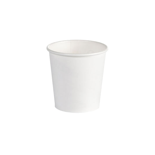 Een witte koffiebeker van PAP/PLA van Duni GmbH met een inhoud van 120 ml is gecentreerd te zien op een witte achtergrond; de verpakking bevat 45 stuks.