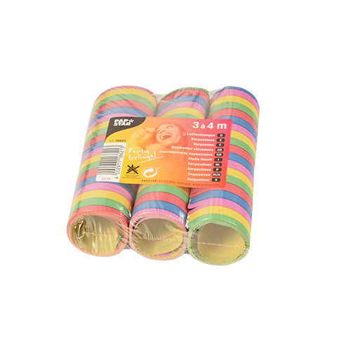 De vier feestserpentines 3 serpentines 4m van PAPSTAR GmbH zijn verpakt in een folieverpakt pakket met een oranje etiket met productdetails en een lachend kind - perfect voor hoogwaardige decoratie!