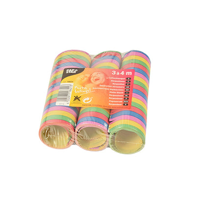De vier feestserpentines 3 serpentines 4m van PAPSTAR GmbH zijn verpakt in een folieverpakt pakket met een oranje etiket met productdetails en een lachend kind - perfect voor hoogwaardige decoratie!