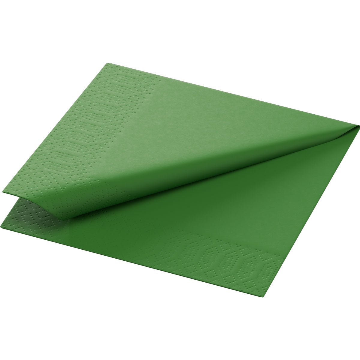 Een Duni GmbH Zellt.-Servetten 24x24 cm, 3-laags, groen (250 stuks) is diagonaal in de helft gevouwen en toont aan de randen gestructureerde patronen.