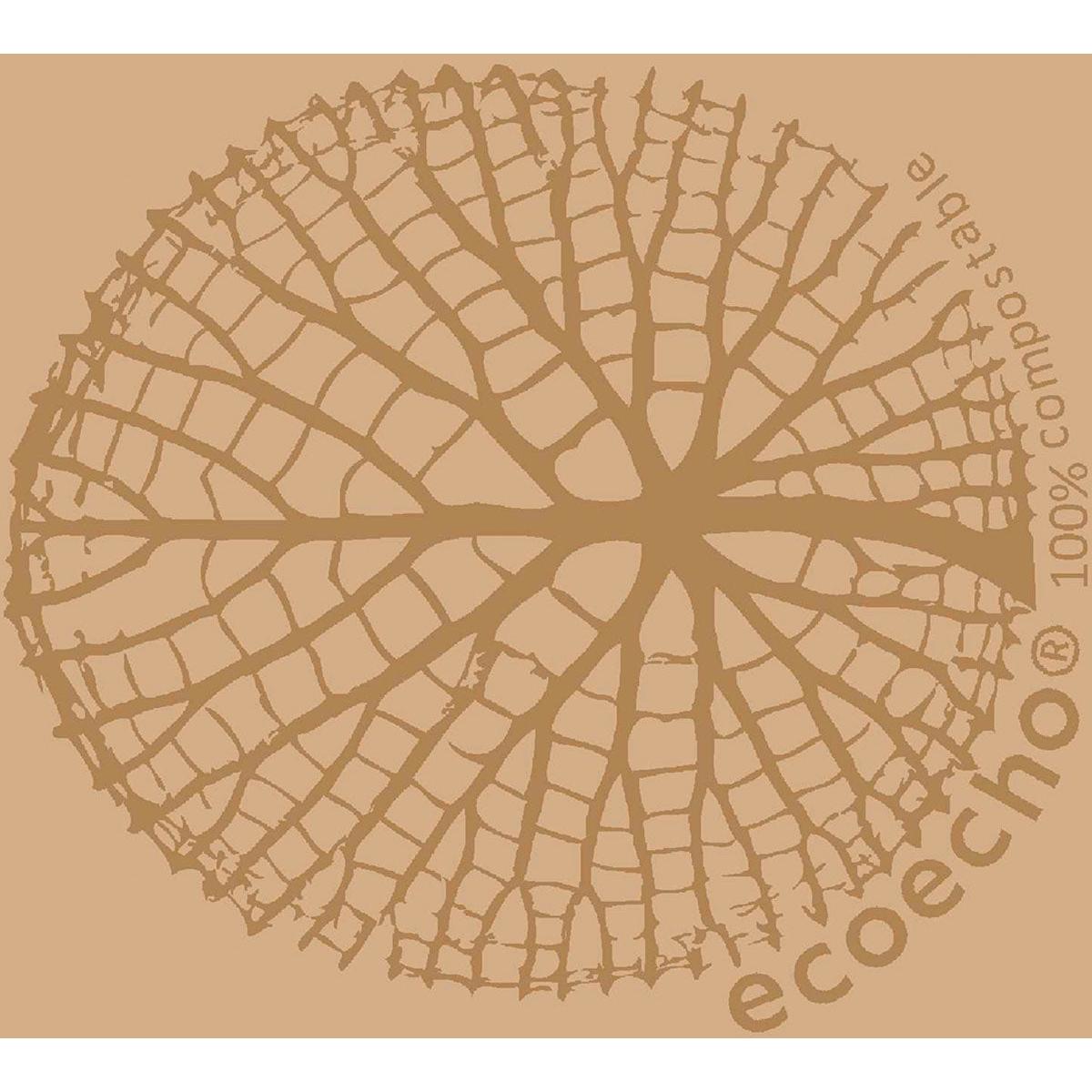 Een gestileerd, rond patroon van bladnerven siert de lichtbruine Duni GmbH cellulose servetten 33 x 33 cm 3-laags. "Ecoecho® 100% composteerbaar" in bruine letters benadrukt deze biologisch afbreekbare bio-servetten (50 stuks).