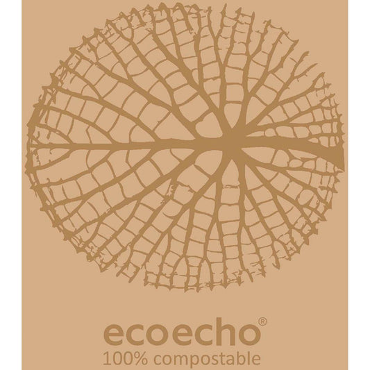 Ein stilisiertes, kreisrundes Blattskelett erscheint über dem Schriftzug "ecoecho 100% kompostierbar" auf beige und unterstreicht die biologisch abbaubaren und umweltfreundlichen Eigenschaften der Duni GmbH Zelltuchservietten 40x40 cm 2-lagig 1/8 Buchfalz Organic (300 Stück).