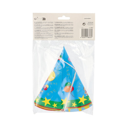 In een transparante verpakking van de PAPSTAR GmbH zijn vijf kleurrijke, kegelvormige feesthoedjes 'PAPSTAR 5 hoedjes' met feestelijk motief inbegrepen, op het bovenste etiket zijn een gebruiksaanwijzing en een barcode aangebracht.