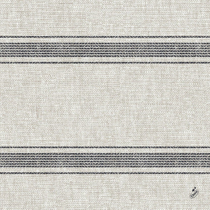 De Duni GmbH Klassikservietten 40 x 40 cm 4-laags, geperst 1/4 vouw is een beige servet met een geweven structuur, twee sets van drie donkergrijze strepen en een klein logo in de rechterbenedenhoek.