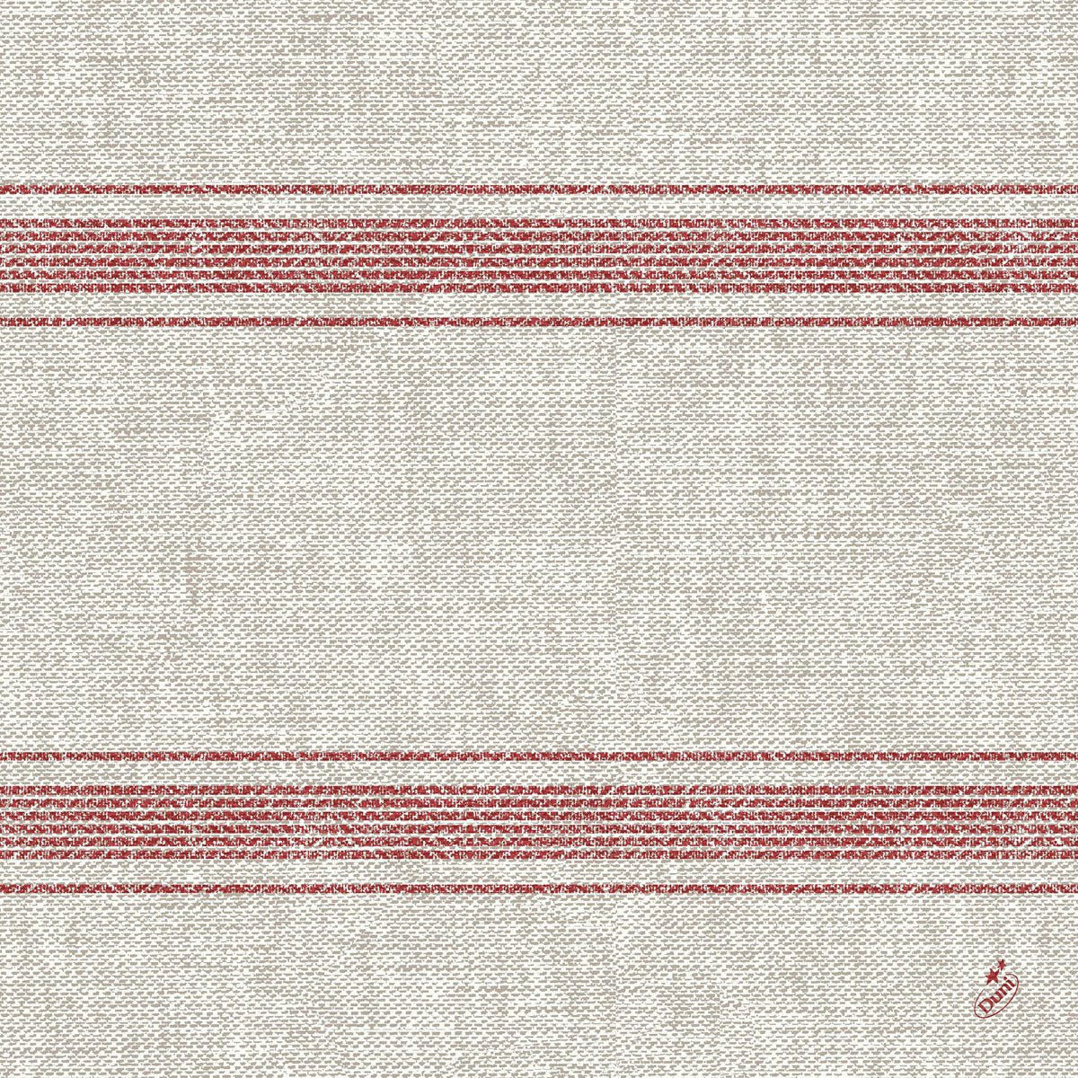 De Duni GmbH Klassieke servetten 40 x 40 cm hebben een beige geweven patroon, twee parallelle rode dwarsstrepen en een kleine rode borduursel in de rechterbenedenhoek. Het patroon is eenvoudig en symmetrisch.