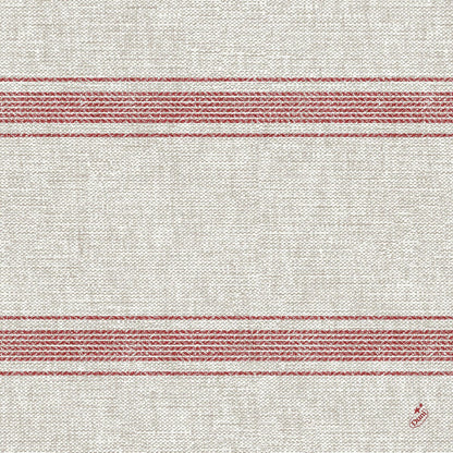 De Duni GmbH Klassieke servetten 40 x 40 cm hebben een beige geweven patroon, twee parallelle rode dwarsstrepen en een kleine rode borduursel in de rechterbenedenhoek. Het patroon is eenvoudig en symmetrisch.