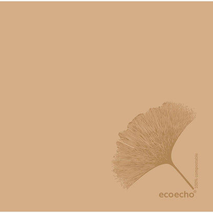 Ein minimalistisches Bild mit einem einzeiligen Ginkgoblatt unten rechts, beschriftet mit "ecoecho", auf einem hellbraunen Hintergrund - ideal für Duni GmbH Dunisoft-Servietten 40 x 40 cm 1/4 Falz oder andere hochwertige Servietten.