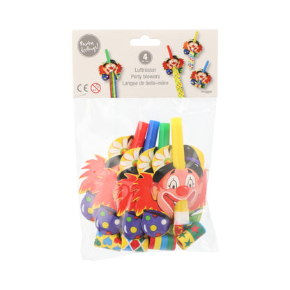 De PAPSTAR feesttoeters "Clowngesicht" (4 stuks) van PAPSTAR GmbH komen in een doorzichtige zak met kleurrijke, grappige clowngezichten - ideaal als feestaccessoire voor elk kinderfeestje.