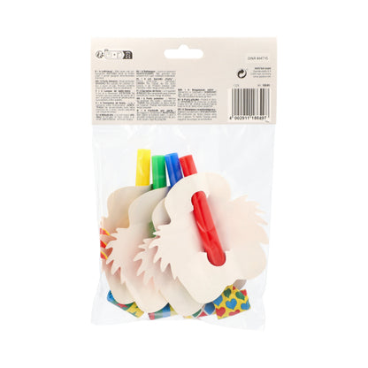 Een doorzichtige zak van PAPSTAR GmbH bevat 4 kleurrijke clowngezichten, die perfect zijn voor feesten en partijen. Het verpakkingetiket met tekst en streepjescode is zichtbaar - een grappig accessoire voor feestelijke gelegenheden!.