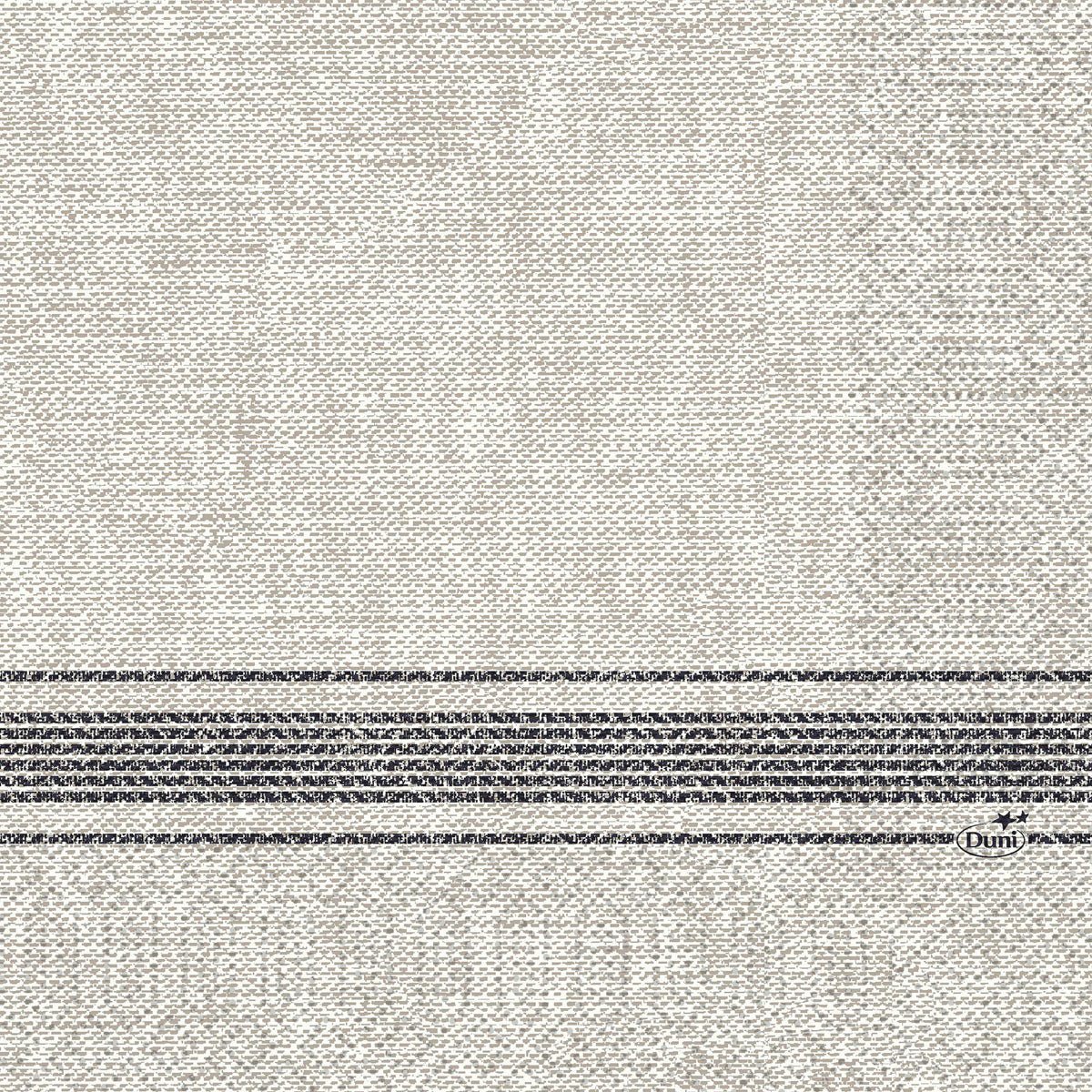 Drielagige cellulose servetten 33 x 33 cm van Duni GmbH in zwart met twee horizontale donkergrijze strepen in het onderste gedeelte en een klein "Duni"-logo in het rechter streepgebied. Verpakking met 50 stuks.