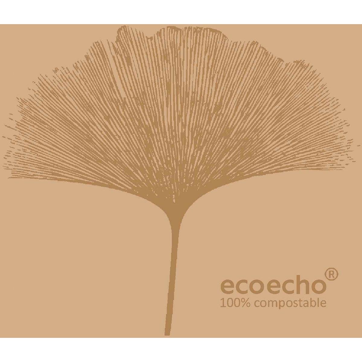 Een bruin, gestileerd blad met stralende aderen bevindt zich in het midden op een lichtbruine achtergrond. In de rechter benedenhoek staat "ecoecho® 100% composteerbaar" - ideaal voor Dunisoft-servetten 20 x 20 cm van Duni GmbH.