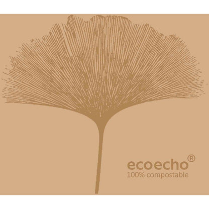 Een bruin, gestileerd blad met stralende aderen bevindt zich in het midden op een lichtbruine achtergrond. In de rechter benedenhoek staat "ecoecho® 100% composteerbaar" - ideaal voor Dunisoft-servetten 20 x 20 cm van Duni GmbH.