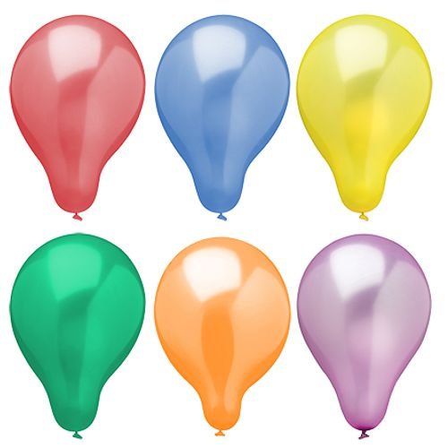 Zes PAPSTAR ballonnen Ø 25 cm, kleurrijk gesorteerd in metallic design (6 stuks), liggen in twee rijen van drie op een witte achtergrond.