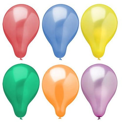 Zes PAPSTAR ballonnen Ø 25 cm, kleurrijk gesorteerd in metallic design (6 stuks), liggen in twee rijen van drie op een witte achtergrond.