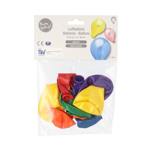 Een doorzichtige kunststofverpakking van PAPSTAR GmbH bevat 6 gesorteerde ballonnen in metallic design (Ø 25 cm) in de kleuren geel, rood, groen, blauw en paars. Op het etiket staat "PAPSTAR ballonnen", "ballonnen" en de productnaam.