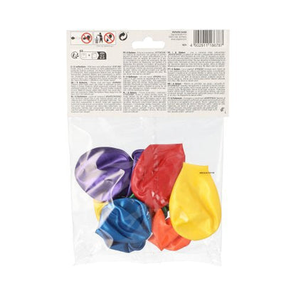 Een doorzichtige kunststofzak van PAPSTAR GmbH bevat zes gesorteerde PAPSTAR ballonnen (Ø 25 cm) in metallic design in verschillende kleuren, met veiligheidsinstructies en productinformatie - ideaal voor elk feest!