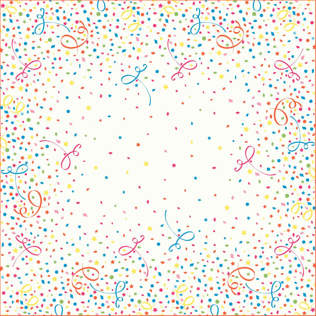 Een witte, vierkante achtergrond met een blauwe, rode, gele en groene confetti-rand siert het feestelijke uitloopartikel: Dunisilk-middeldekken 84 x 84 cm Confetti van Duni GmbH - perfect voor de tafeldecoratie. Verpakking (20 stuks).
