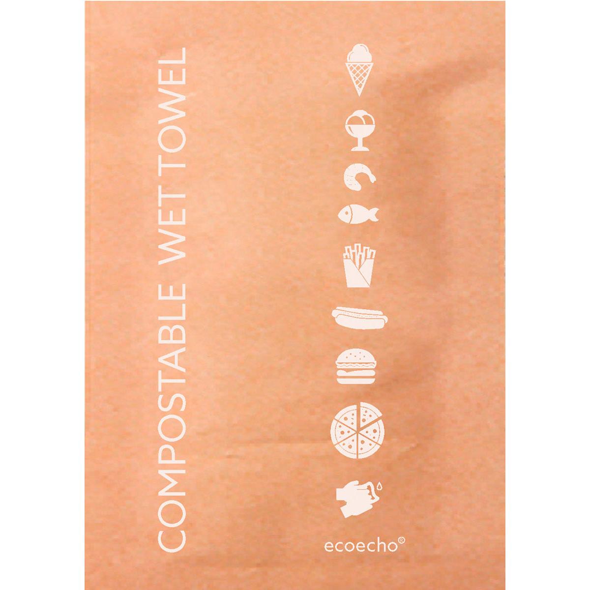 Het verfrissingsdoekje 50x70 mm van Duni GmbH is composteerbaar, bruin, met witte voedseliconen en de opdruk "COMPOSTABLE WET TOWEL" en "ecoecho" - ideaal als milieuvriendelijk verfrissingsdoekje voor onderweg. Verpakking met 1000 stuks.