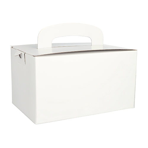 Een eenvoudige witte PAPSTAR lunchbox van milieuvriendelijk karton, rechthoekig (12,5 x 15,5 x 22,5 cm) met draaggreep van PAPSTAR GmbH, ongebruikt en perfect voor het vervoeren of verpakken van voorwerpen.