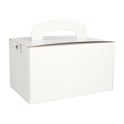 Een eenvoudige witte PAPSTAR lunchbox van milieuvriendelijk karton, rechthoekig (12,5 x 15,5 x 22,5 cm) met draaggreep van PAPSTAR GmbH, ongebruikt en perfect voor het vervoeren of verpakken van voorwerpen.