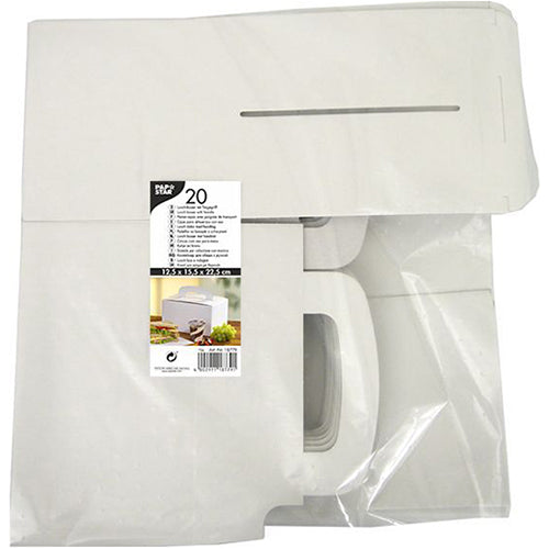 Een transparante verpakking van PAPSTAR GmbH bevat 20 platte witte lunchboxen 'pure' van karton (12,5 x 15,5 x 22,5 cm) met draaggreep. Het etiket toont productinformatie, een in elkaar gezette kartonafbeelding en benadrukt milieuvriendelijk karton.