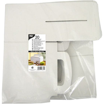 Een transparante verpakking van PAPSTAR GmbH bevat 20 platte witte lunchboxen 'pure' van karton (12,5 x 15,5 x 22,5 cm) met draaggreep. Het etiket toont productinformatie, een in elkaar gezette kartonafbeelding en benadrukt milieuvriendelijk karton.