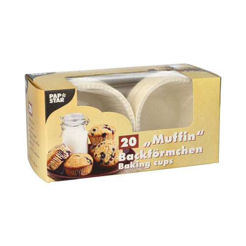 Een doos met 20 witte PAPSTAR muffinbakvormpjes (Ø 5 cm, 3,5 cm hoog) van PAPSTAR GmbH komt in een vouwdoos met kijkvenster en muffinmotief.