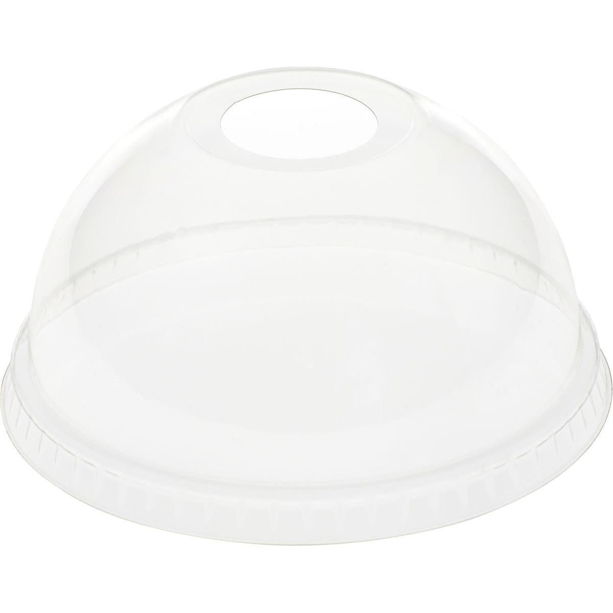 Der Duni GmbH Kuppeldeckel mit Öffnung für 188004-6, aus transparentem rPET, bietet dank Kuppelform und rutschfestem Rand eine sichere, umweltfreundliche Verpackungslösung. Packung mit 50 Stück.