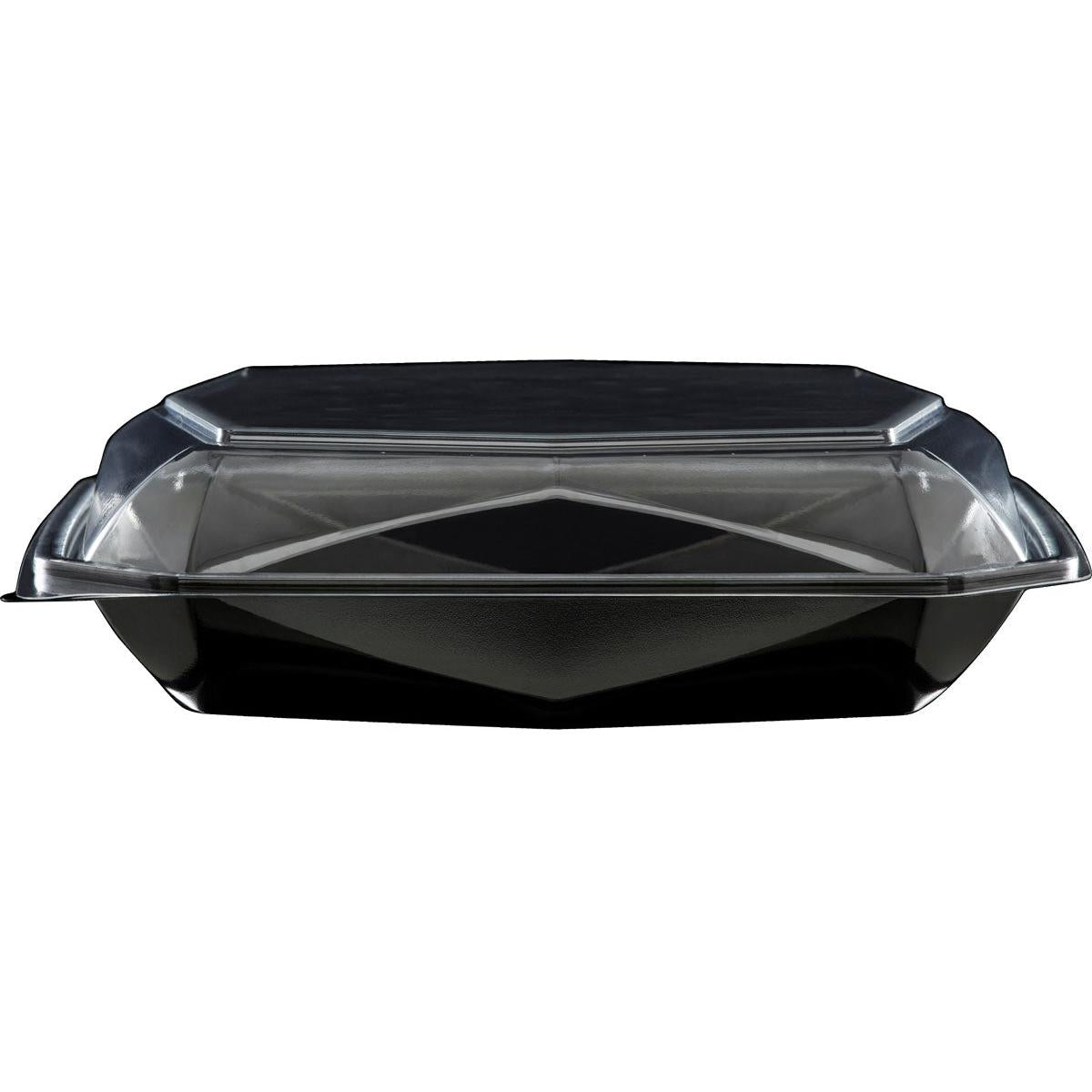 De Octaview® L Zwart / Transparant APET 225x225x65 voedselcontainer van Duni GmbH wordt leeg afgebeeld met een veilig gesloten, heldere deksel, gefotografeerd van voren op een witte achtergrond. Verpakking (100 stuks).