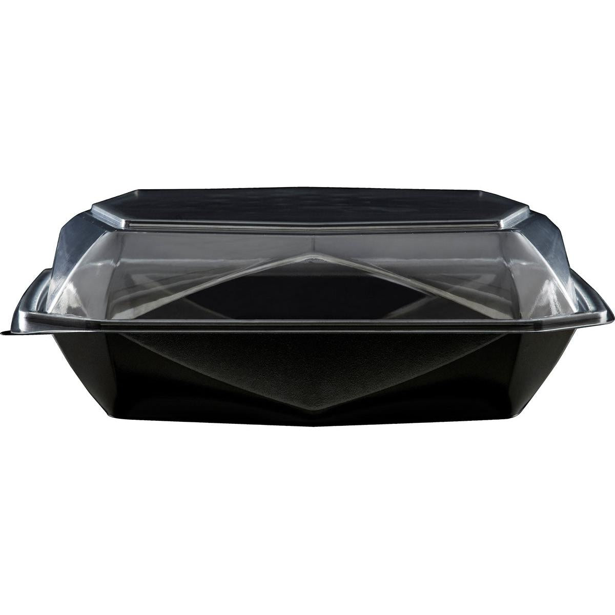 Een Duni GmbH Octaview® L+ Zwart/Transparant APET 225x225x80 afhaalbak met heldere deksel is gesloten en leeg afgebeeld tegen een witte achtergrond. De verpakking bevat 100 stuks.