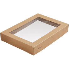Der Viking Brick Deckel mit PLA Fenster von Duni GmbH ist eine schlichte, rechteckige braune Pappschachtel (200x140x30 mm) mit einem transparenten PLA-Fenster und einem kleinen "ecocraft"-Label an einer Ecke; Packung mit 300 Stück, biologisch abbaubar.