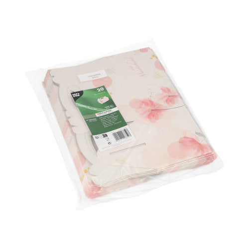 Een doorzichtige kunststofverpakking bevat 20 PAPSTAR gebaksdozen van karton, rechthoekig en roze met draaggreep. Het groene etiket van de PAPSTAR GmbH levert productdetails en zorgt voor een elegante presentatie.