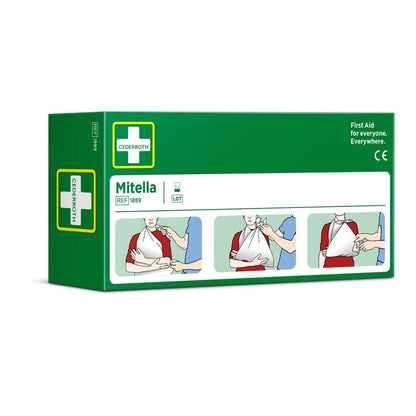 Een groen-witte doos van Orkla Wound Care AB met de opdruk "Driehoeksverband, 2 stuks/karton" met afbeeldingen voor gebruik als armsling bij sportblessures; met pictogrammen, instructies en een wit kruis-symbool.