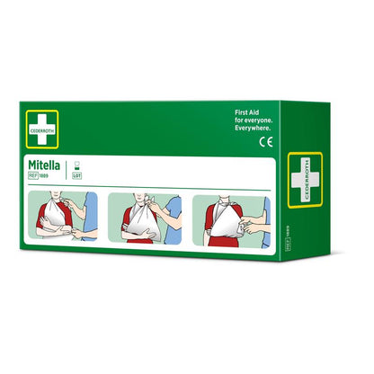 Een groene doos met de opdruk "Driehoeksverband, 2 stuks/karton | Verpakking (2 stuks)" van Orkla Wound Care AB toont drie stappen voor het gebruik van een driehoeksverband als armsling bij een persoon in een rood shirt, met een wit kruis en details voor eerste hulp.
