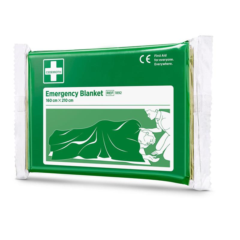 Een groen-wit verpakte Cederroth nooddeken (1 stuk) van Orkla Wound Care AB, 160 x 210 cm, met de afbeelding van een persoon die een andere bedekt - een must voor elke EHBO-uitrusting.