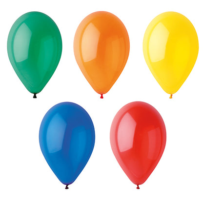 Vijf PAPSTAR 10 ballonnen Ø 25 cm kleurrijk gesorteerd van PAPSTAR GmbH zijn in de kleuren groen, oranje, geel (bovenste rij) en blauw en rood (onderste rij) afgebeeld op een eenvoudige witte achtergrond.