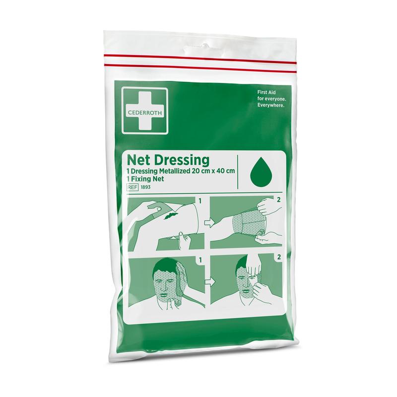 Een verpakking Cederroth Netverband | Verpakking (1 stuk) van Orkla Wound Care AB met groene en witte verpakking toont een geïllustreerde handleiding voor het gebruik van het elastische netverband op een arm en op het hoofd.