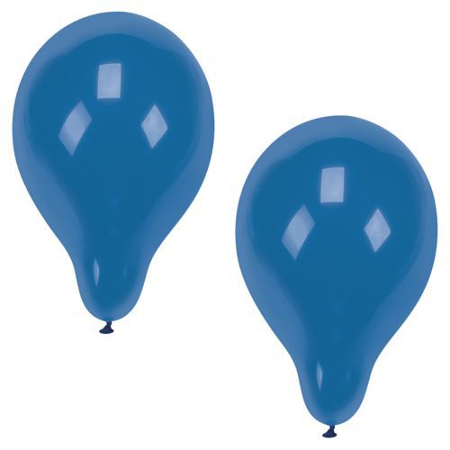 Zwei aufgeblasene PAPSTAR 10 Luftballons Ø 25 cm der PAPSTAR GmbH in Blau aus hochwertigem Latex präsentieren sich auf weißem Untergrund mit sichtbaren Lichtreflexen – ideal für eine stilvolle Dekoration.