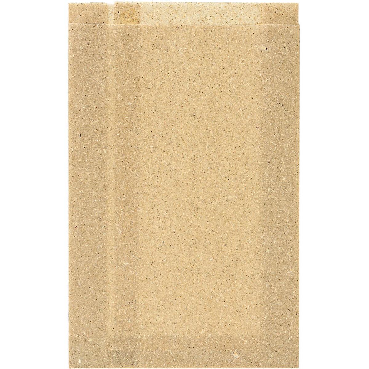 Een eenvoudige, rechthoekige, lichtbruine matze rust op een witte achtergrond naast een Duni GmbH Graspapier-Tas Bloom Medium 310x200 mm van natuurlijk graspapier (verpakking van 500 stuks).