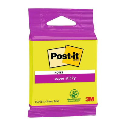 Een verpakking Post-it® Super Sticky Notes 6820S3 (76 x 76 mm, neongroen, neonroze, ultrageel, ultragroen, ultraroze), 1 blok met 75 vel van 3M Deutschland GmbH. Gemaakt van 100% PEFC-gecertificeerd papier.