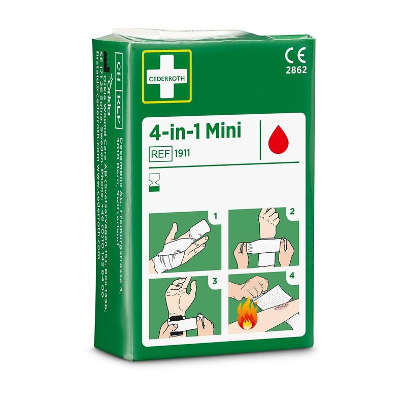Eine grüne Schachtel mit der Aufschrift "Cederroth 4-in-1 mini blutstopper" von Orkla Wound Care AB, mit einem roten Tropfensymbol und einer bebilderten vierstufigen Anleitung zum Anlegen des Verbandes an Händen oder Armen, einschließlich der Behandlung von Verbrennungen.