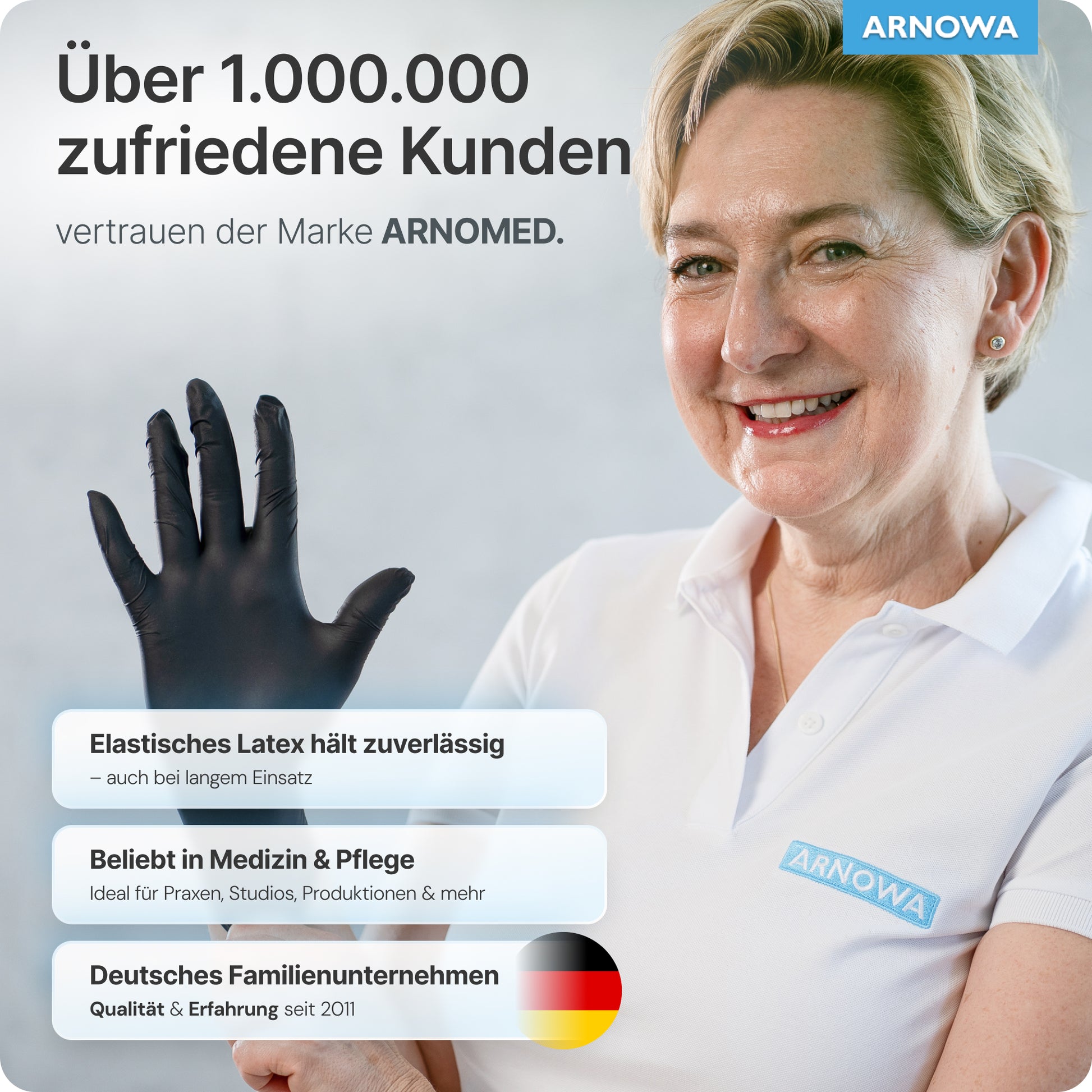 Eine lächelnde Frau in einem weißen Polo und einem ARNOMED LATEX BLACK Puderfreien Einmalhandschuh der ARNOWA GmbH gestikuliert, wobei der deutsche Text die Zuverlässigkeit und die vielseitigen Einsatzmöglichkeiten der Handschuhe in vielen Bereichen hervorhebt.