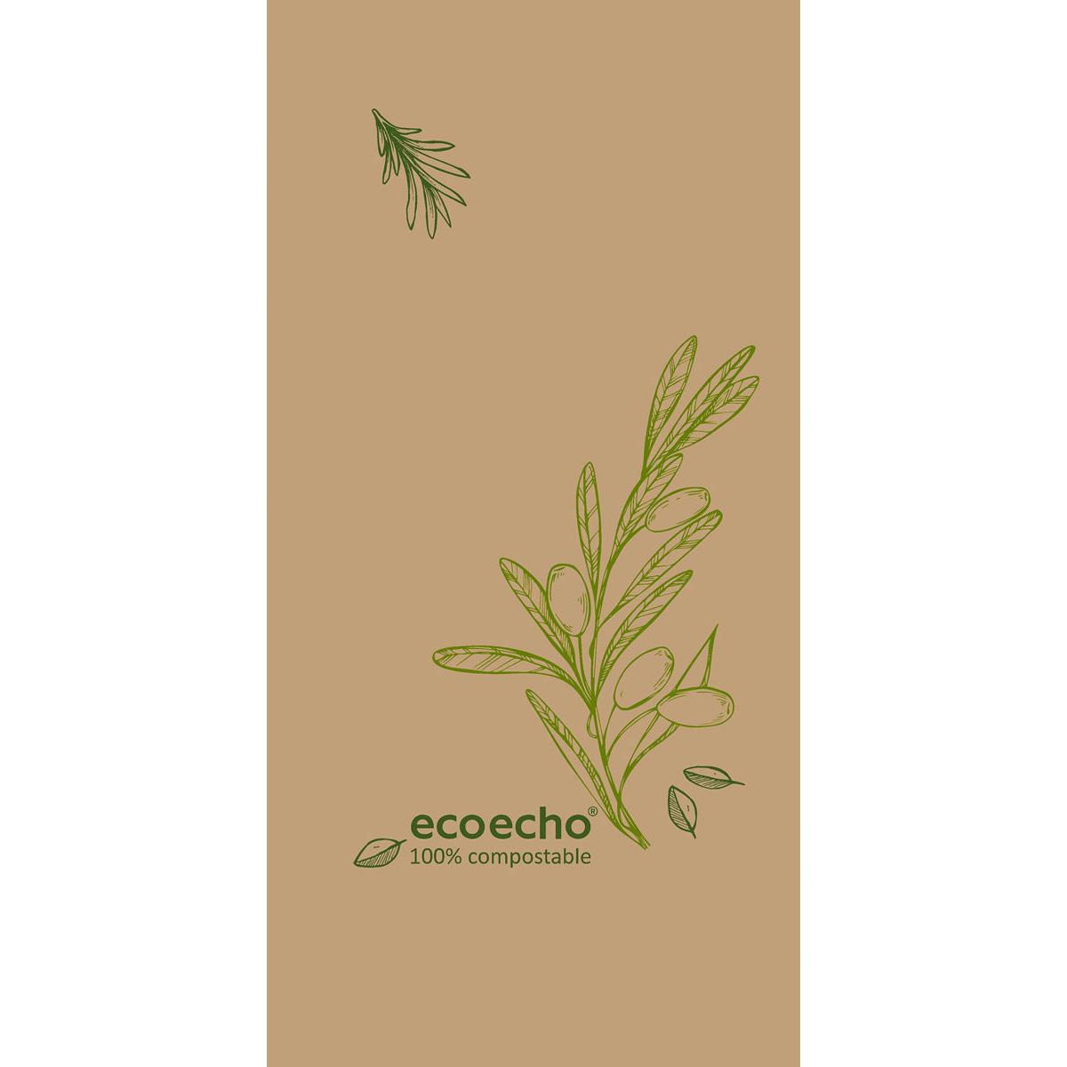 Zelltuchservietten 40 x 40 cm, 3-lagig, 1/8 Kopffalz Veggies von Duni GmbH: Beige mit grünen Olivenzweigen, Text "eco echo 100% kompostierbar." Packung mit 250 Stück.