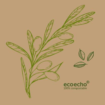 Groene lijn-olijftak met bladeren en olijven op een beige achtergrond. Twee kleine olijfblad-symbolen plus "ecoecho 100% composteerbaar" in de hoek - ideaal voor Dunisoft-servetten 20 x 20 cm van Duni GmbH.
