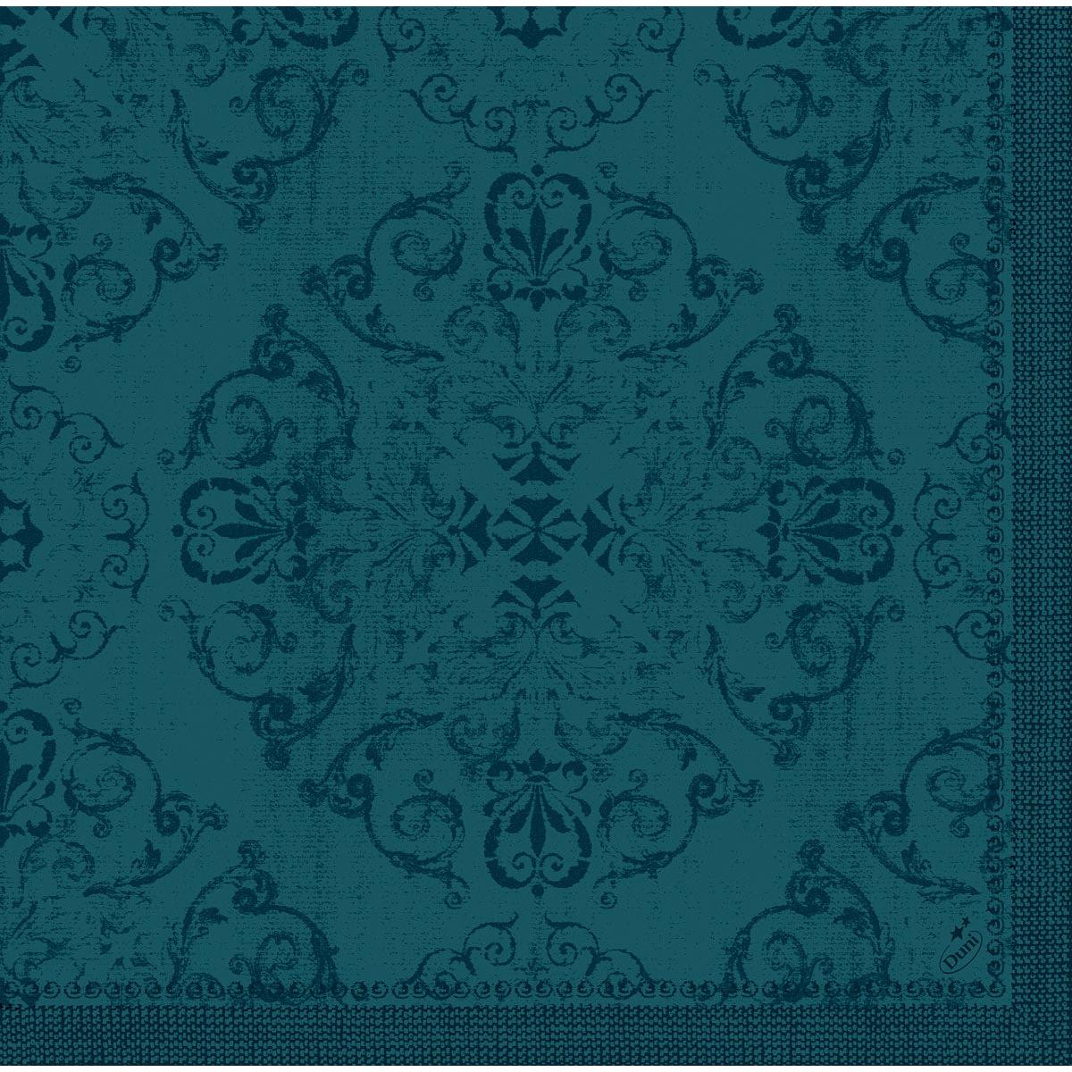 Duni GmbH Dunilin-Servietten 40 x 40 cm 1/4 Falz, teal mit elegantem Damast-Blumen- und Rankenmuster sowie einer dekorativen Bordüre-hochwertige Servietten für jede stilvoll gedeckte Tafel.