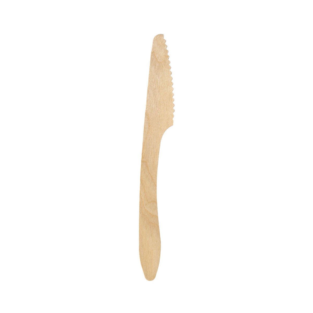 De afbeelding toont een mes van 190 mm, hout gewaxed, met gekarteld lemmet van het merk Duni GmbH op witte achtergrond. Verpakkingshoeveelheid: 100 stuks.
