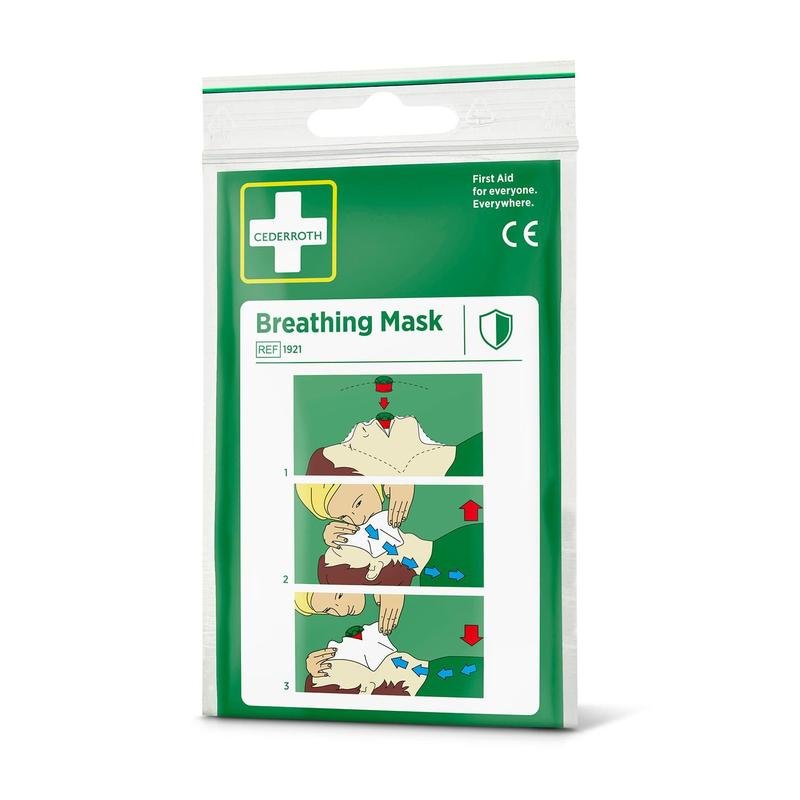 Het Cederroth-ademmasker (1 stuk) van Orkla Wound Care AB wordt geleverd in een wit-groene verpakking met medische symbolen en geïllustreerde reanimatie-instructies die het veilige gebruik van reanimatie demonstreren en bescherming bieden tegen stof.