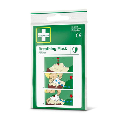 Het Cederroth-ademmasker (1 stuk) van Orkla Wound Care AB wordt geleverd in een wit-groene verpakking met medische symbolen en geïllustreerde reanimatie-instructies die het veilige gebruik van reanimatie demonstreren en bescherming bieden tegen stof.