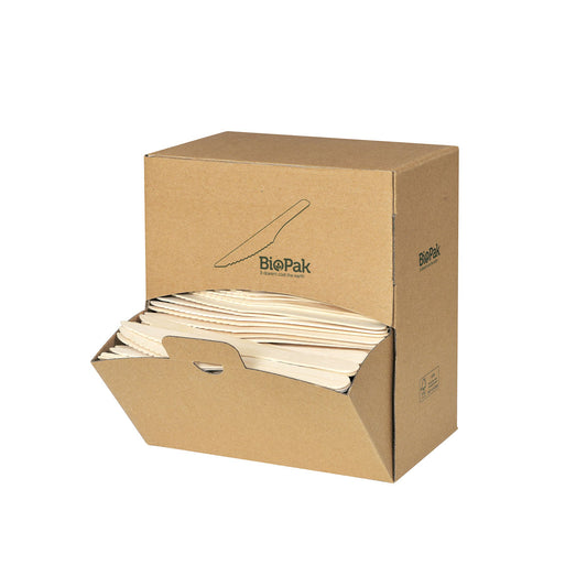 Eine schlichte braune "Duni GmbH"-Schachtel mit der Aufschrift "Holz Messer 165mm, Spenderbox Natural gewachst 165 | Packung (400 Stück)" ist an der Vorderseite geöffnet und zeigt einen Stapel umweltfreundliche, biologisch abbaubare Holzmesser. An den Seiten befinden sich minimale Texte und Symbole.