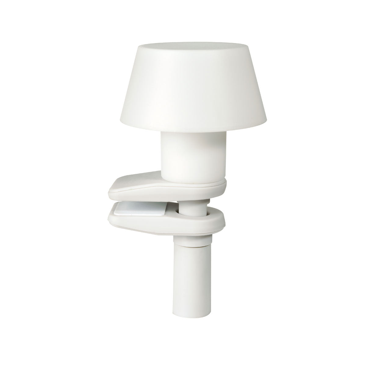 De LED-kandelaar van plastic met klem van Duni GmbH is een moderne, witte tafeldecoratie met cilindrische voet en conische kap, ideaal om vast te klemmen - verpakking bevat 1 stuk, gefotografeerd tegen een witte achtergrond.